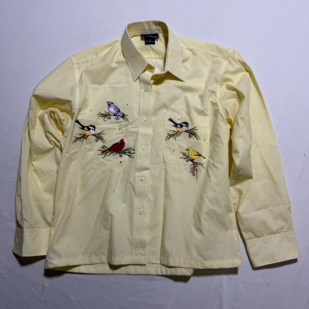 Las Olas Womens S Yellow Embroidered Bird Rhinestone Button Up Shirt Blouse